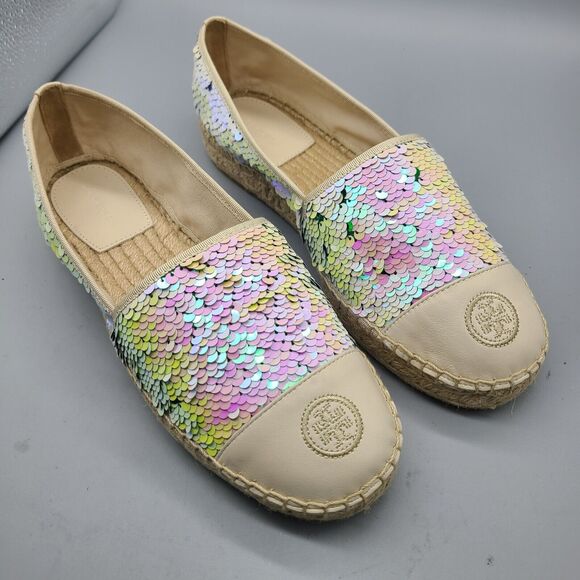 Tory Burch women flats sz 10 sequin espadrillesivory green logo new